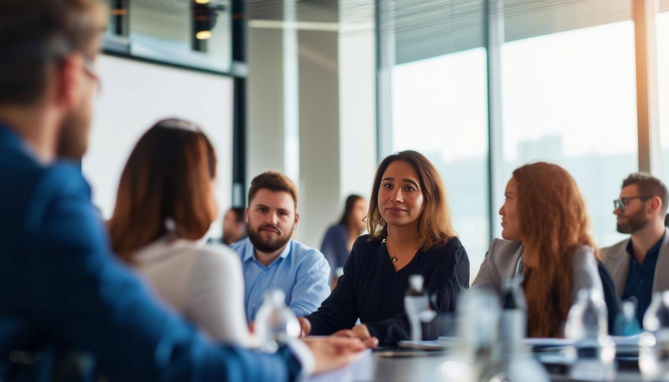 Financial advisor event with people meeting in a conference hall